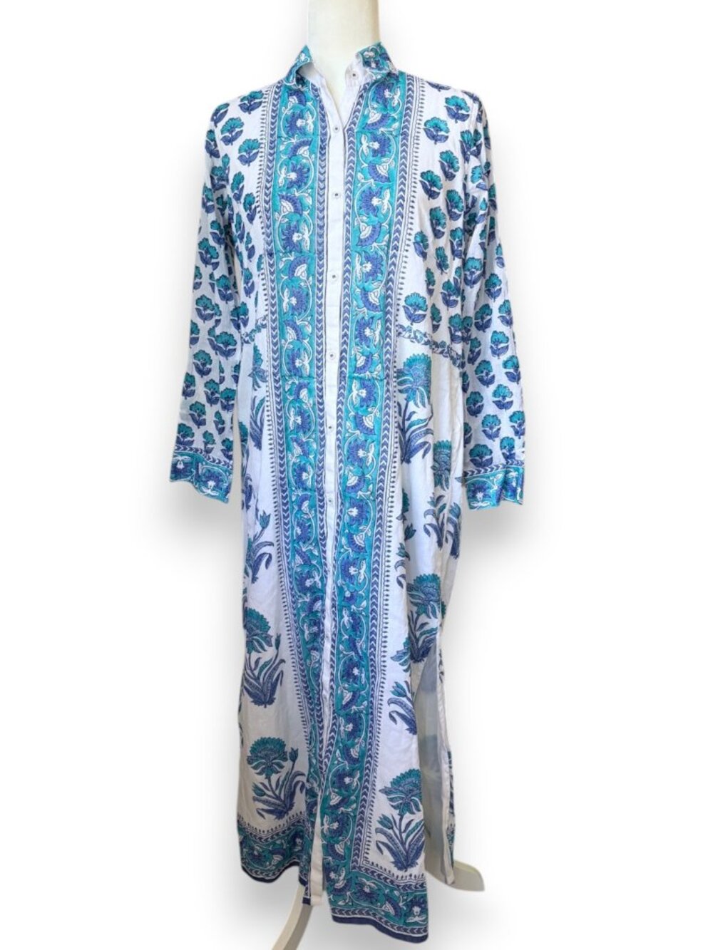 Bella Tu Aster Shirtdress Maxi Blue Floral Cotton Long Sleeve Modest Size Small - Picture 3 of 8